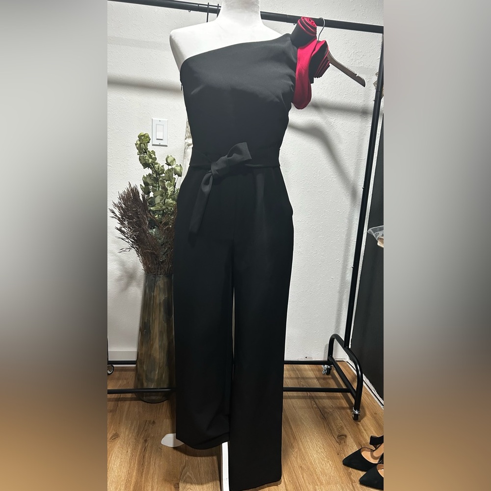 Alex Marie Black One-Shoulder Jumpsuit with pink Floral Detail size 6